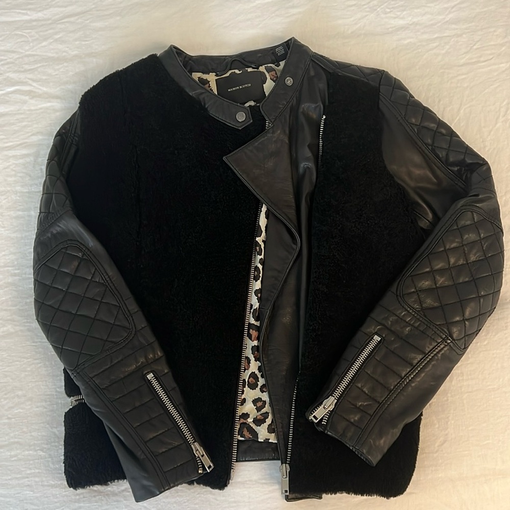 Maison Scotch & Soda Leather and Shearling Biker Jacket